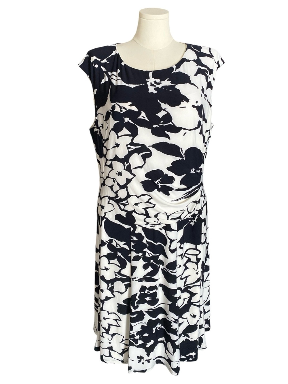 Ralph Lauren Women Black White Floral Ruched Sleeveless Stretch Jersey Dress 20W